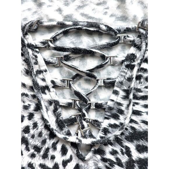 TOP/BLOUSE-BEBE-Black White Gray-Animal Print-Front Lace Up-Long Sleeves-LRG - Picture 5 of 15